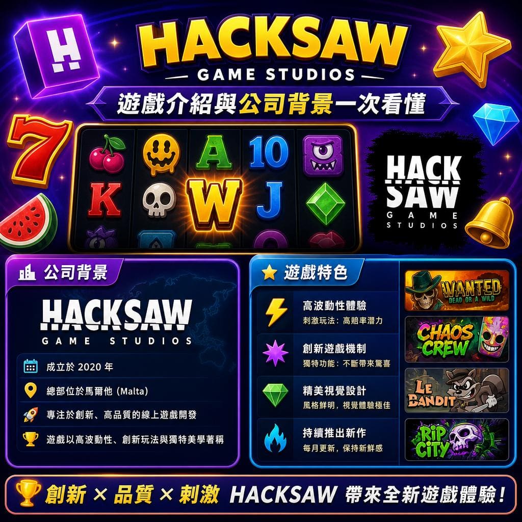 Promotional collage for Hacksaw Game Studios with glowing logo, colorful slot grid, and Chinese text on a neon purple background.