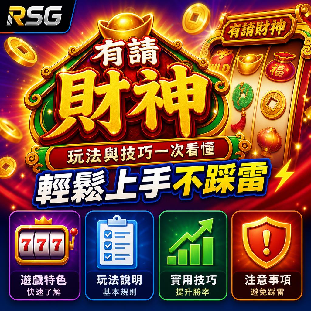 Vibrant game promo with large Chinese characters and gold coins; four bottom tiles show 777 slot, rules checklist, growth chart, and shield warning.