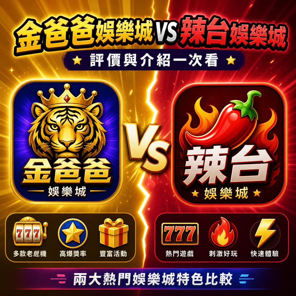 競賽對決風格的遊戲宣傳圖,左為金爸爸娛樂城的金色虎冠圖示,右為3A娛樂城的紅辣椒圖示,中間有 VS 字樣,底部列出各自特色功能。君
