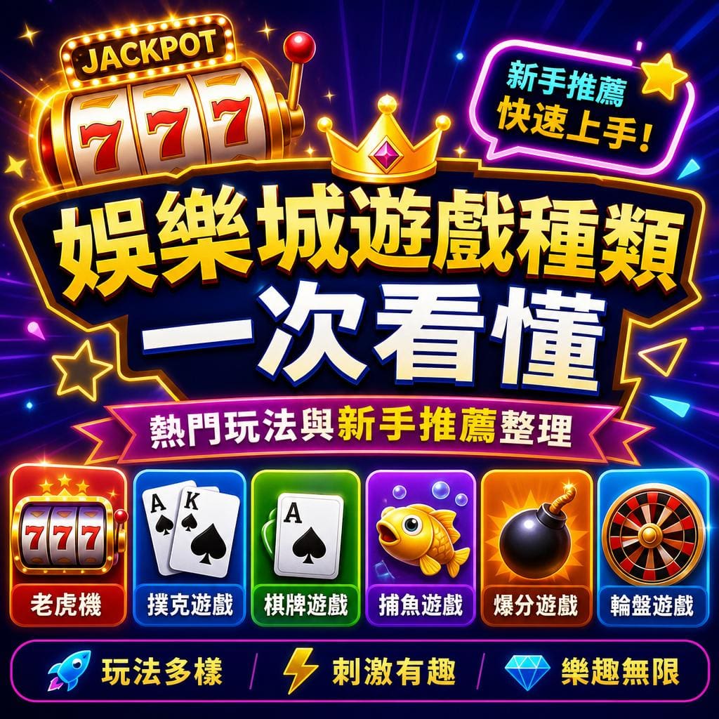 Bright casino banner with Chinese headline about game types; features slot, cards, fish, bomb, and roulette icons.