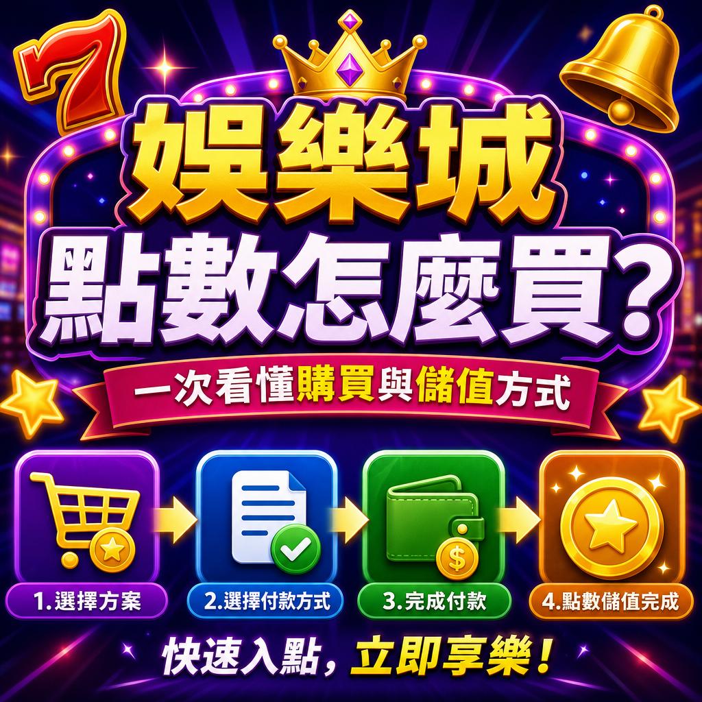 娛樂城促銷海報:四步完成購買與儲值流程,包含選擇方案、選擇付款、完成付款與點數儲值完成等圖示。