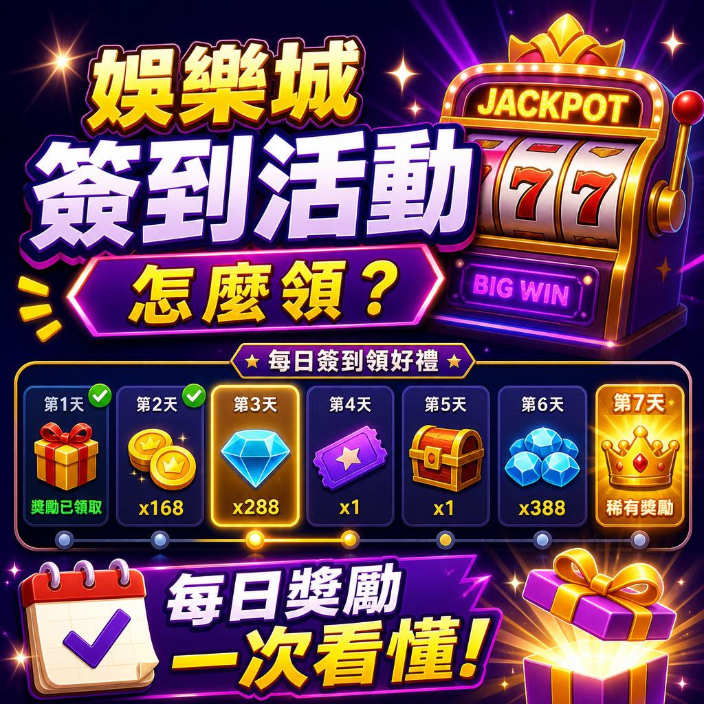 Promotional image for a game: bright jackpot slot machine with glowing Chinese text and daily rewards icons below.