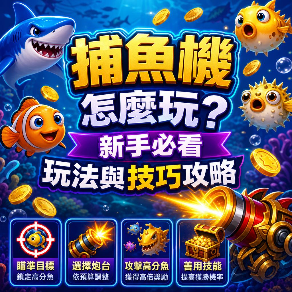 Underwater arcade game banner with a blue shark, orange fish, coins, and a glowing cannon, plus large Chinese text about how to play and tips for beginners.