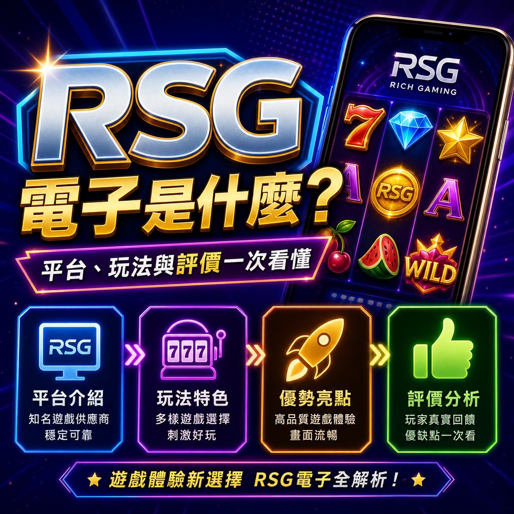 Bright neon RSG Rich Gaming poster with a Chinese headline and a tilted phone showing slot-icons.