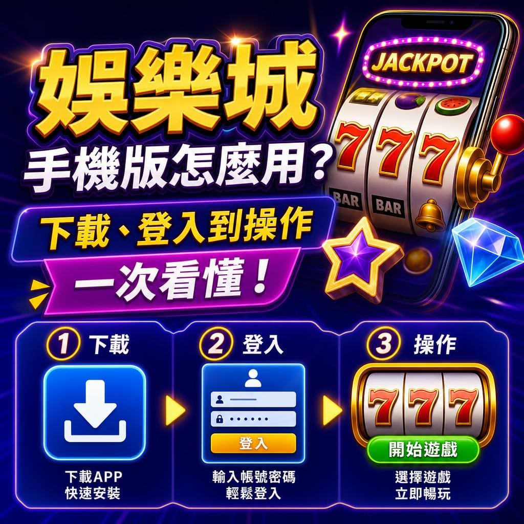 中文促銷圖示,說明手機版如何使用:下載、登入、開始遊戲,搭配閃亮的777拉霸與星形裝飾。