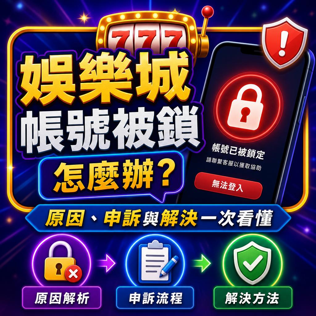彩色广告图,提示娱乐平台账号被锁,显示无法登入的手机界面,强调原因解析、申诉流程与解决方法的步骤。