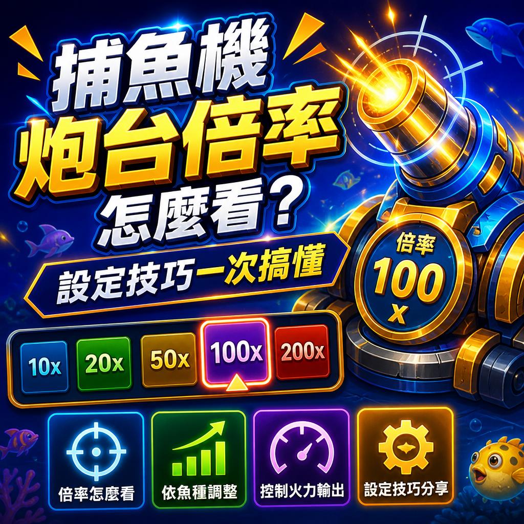 色彩炫目的捕鱼机宣传图,显示100x倍率与多组倍率按钮。