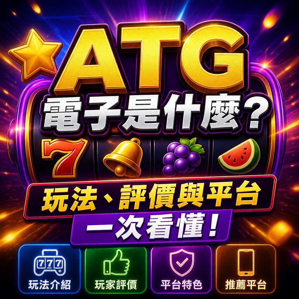 Vibrant casino slot banner reading 'ATG 電子是什麼?' with 7, bell, grapes, and watermelon symbols; four bottom buttons labeled 玩法介紹, 玩家評價, 平台特色, 推薦平台.