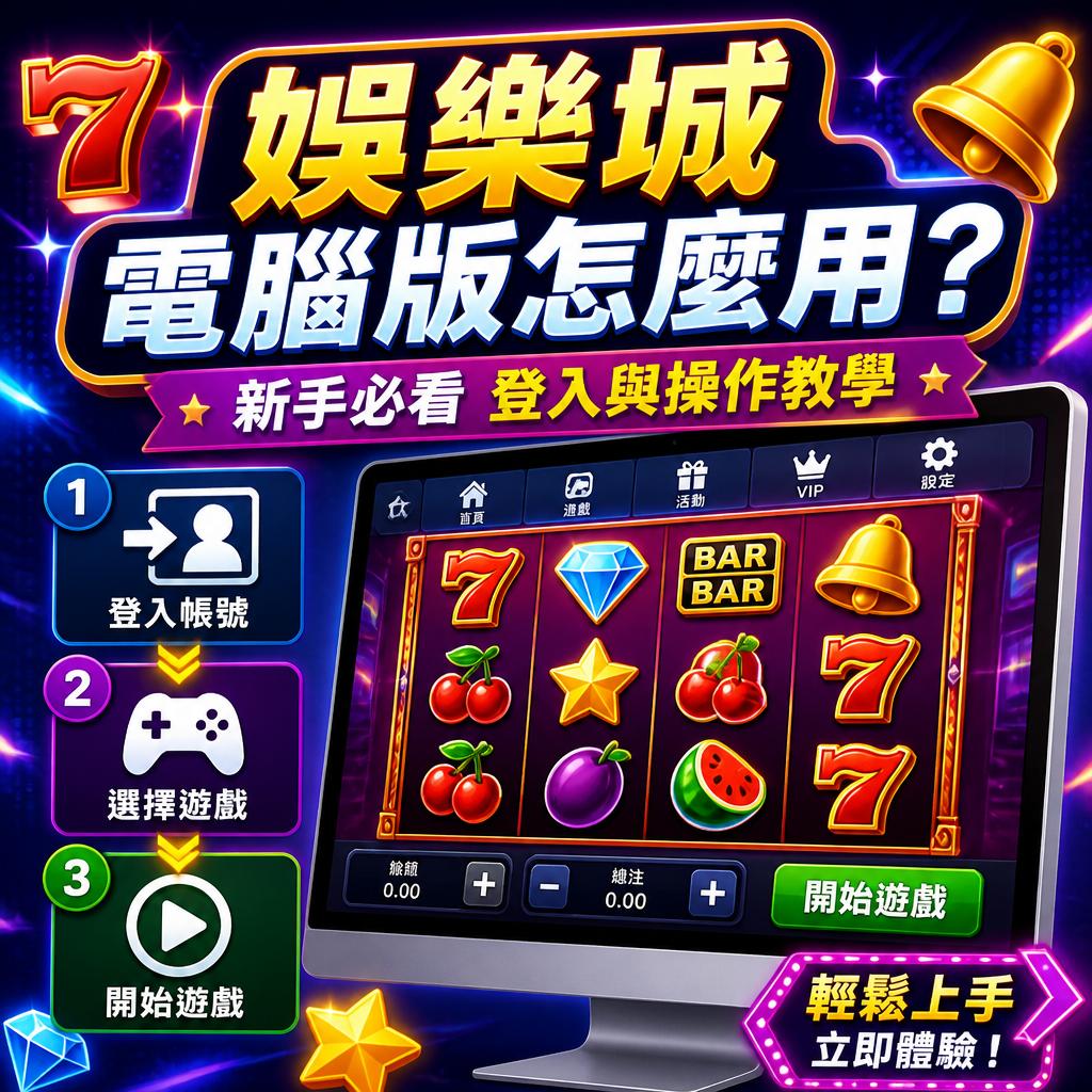 色彩繽紛的線上娛樂廣告,顯示電腦螢幕上的水果與賭場符號的老虎机畫面,左側有登入、選擇遊戲、開始遊戲三步指示。