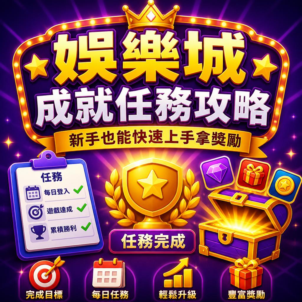 游戏促销横幅:金色皇冠、大字标题与任务攻略字样,背景有宝箱、奖杯和星徽,强调奖励与新手上手。